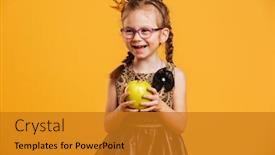 Presentation with princess - Audience pleasing slide set consisting of image of laughing girl child wearing princess crown standing isolated over yellow background looking aside holding apple backdrop and a gold colored foreground