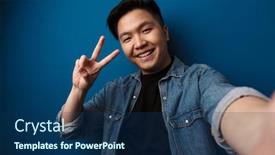  Presentation with asian - Presentation theme with image-of-laughing-handsome-asian background and a ocean colored foreground