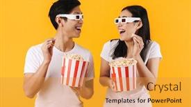  Presentation with popcorn movie - Audience pleasing slide set consisting of image-of-laughing-multinational-couple backdrop and a gold colored foreground