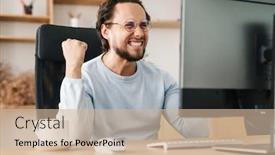  Presentation with winner - Cool new PPT theme with image-of-laughing-programmer-man backdrop and a soft green colored foreground