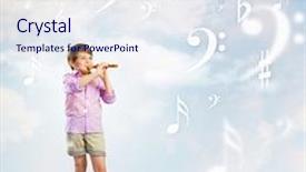  Presentation with flute - Audience pleasing PPT layouts consisting of image of little cute boy playing on flute against cloudy background backdrop and a sky blue colored foreground