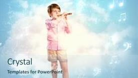  Presentation with flute - Slide set consisting of image of little cute boy playing on flute against cloudy background background and a sky blue colored foreground