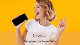  Presentation with yellow music - Audience pleasing PPT layouts consisting of image of lovely blond woman holding cellphone and listening to music with earphones isolated over yellow background backdrop and a yellow colored foreground