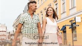  Presentation with walking together - Audience pleasing slide deck consisting of image of lovely happy couple in summer clothes smiling and holding hands together while walking through city street backdrop and a coral colored foreground
