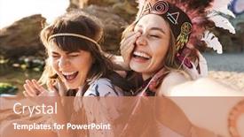  Presentation with feather papyrus - Slide set having image of lovely hippy girls in feather headdress laughing and taking selfie by seaside in morning background and a coral colored foreground