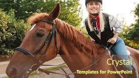  Presentation with horse riding - Presentation design enhanced with image of lovely young blonde woman wearing hat riding horse at yard in countryside background and a tawny brown colored foreground