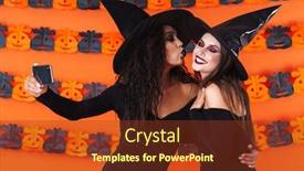  Presentation with black magic - Cool new PPT layouts with image of magic witch women in black halloween costume taking selfie photo on cellphone with kissing isolated over orange pumpkin wall backdrop and a tawny brown colored foreground