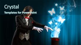  Presentation with magician - Audience pleasing PPT theme consisting of image of magician showing tricks with magic hat backdrop and a navy blue colored foreground