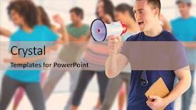  Presentation with train the trainer - Audience pleasing presentation theme consisting of image of male trainer yelling backdrop and a  colored foreground