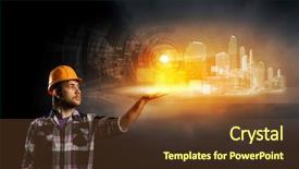  Presentation with media image - Presentation theme featuring image of man builder touching icon of media screen background and a tawny brown colored foreground