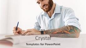  Presentation with masculine - Slide set having image of masculine brunette man in shirt sitting at table and studying with exercise books background and a mint green colored foreground