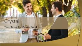  Presentation with masculine - Presentation enhanced with image of masculine entrepreneurs in suits using smartphone while walking outdoor through green park with takeaway coffee during sunny day background and a coral colored foreground