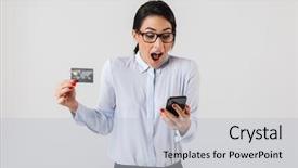  Presentation with credit card - Cool new presentation theme with image of modern office woman backdrop and a  colored foreground