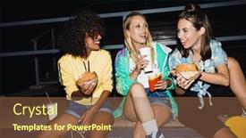  Presentation with girls night - Cool new PPT theme with image of multiethnic skater girls eating fastfood and drinking soda at night outdoors backdrop and a tawny brown colored foreground