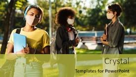  Presentation with face masks - PPT theme featuring image-of-multinational-student-girls background and a yellow colored foreground