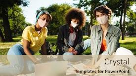  Presentation with medical laptop - Cool new PPT theme with image-of-multinational-student-women backdrop and a soft green colored foreground