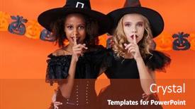  Presentation with black girls - Amazing PPT theme having image of multinational witch girls in black halloween costumes showing silence gesture isolated over orange pumpkin wall backdrop and a tawny brown colored foreground