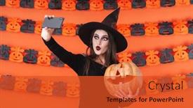  Presentation with mystic - PPT theme with image of mystic witch girl in black halloween costume taking selfie photo with carved pumpkin isolated over orange wall background and a red colored foreground