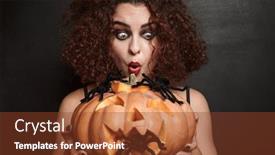  Presentation with mystic - Slide deck consisting of image of mystic witch girl holding halloween carved pumpkin with spiders isolated over gray wall background and a tawny brown colored foreground