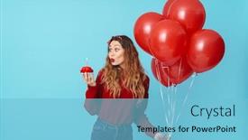  Presentation with blue balloons - Colorful PPT theme enhanced with image-of-nice-blonde-woman backdrop and a light blue colored foreground