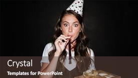  Presentation with pipe - Amazing presentation theme having image of nice excited woman in party cone blowing pipe and holding gift box isolated over black wall backdrop and a tawny brown colored foreground