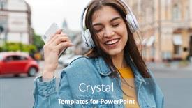  Presentation with listening woman - Amazing slide set having image-of-nice-laughing-woman backdrop and a teal colored foreground