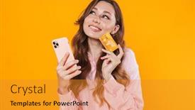  Presentation with credit card - Presentation design having image-of-nice-pleased-woman background and a gold colored foreground