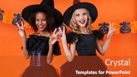  Presentation with black girls - Amazing slide set having image of nice witch girls in black halloween costumes smiling and gesturing peace sign isolated over orange pumpkin wall backdrop and a crimson colored foreground