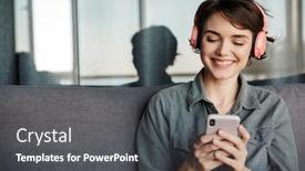  Presentation with headphones - Theme having image-of-nice-young-smiling background and a dark gray colored foreground