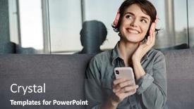  Presentation with headphones - Cool new PPT theme with image-of-nice-young-smiling backdrop and a dark gray colored foreground