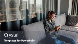  Presentation with headphones - Amazing presentation design having image-of-nice-young-smiling backdrop and a dark gray colored foreground