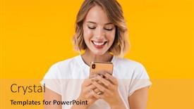  Presentation with basic - Beautiful slide deck featuring image of optimistic blond woman in basic t-shirt smiling and holding cellphone isolated over yellow background backdrop and a yellow colored foreground