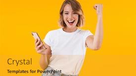  Presentation with basic - Slide deck featuring image of optimistic blond woman in basic t-shirt screamng as winner and holding cellphone isolated over yellow background background and a gold colored foreground