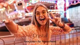  Presentation with amusement park - Beautiful PPT theme featuring image of optimistic happy cute woman walking outdoors in amusement park take selfie by mobile phone showing peace backdrop and a red colored foreground