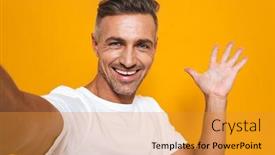  Presentation with optimistic - Presentation theme consisting of image of optimistic man 30s in white t-shirt smiling and taking selfie photo isolated over yellow background background and a gold colored foreground