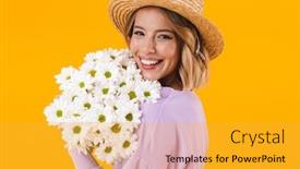  Presentation with elegant flowers - Cool new slides with image of optimistic woman in elegant dress and straw hat holding flowers isolated over yellow background backdrop and a yellow colored foreground