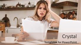  Presentation with writing notes - PPT theme with image of perplexed blond woman background and a coral colored foreground