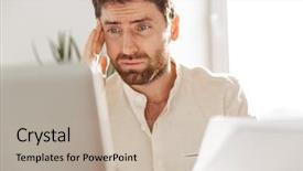  Presentation with worker - Cool new presentation theme with image of perplexed office worker backdrop and a mint green colored foreground