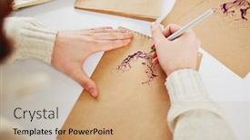  Presentation with female - Amazing slide deck having image of picture of young female being drawn by a man backdrop and a coral colored foreground