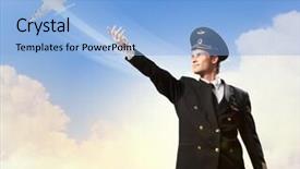  Presentation with airplane pilot - Cool new presentation theme with turbine airliner - image of pilot touching sky backdrop and a light blue colored foreground