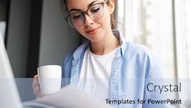  Presentation with reading table - Presentation design consisting of image-of-pleased-attractive-woman background and a light blue colored foreground