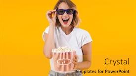  Presentation with popcorn movie - PPT layouts having image of pleased blond woman in 3d glasses holding popcorn bucket while watching movie isolated over yellow background background and a gold colored foreground