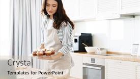  Presentation with muffins - Beautiful slides featuring image-of-pleased-brunette-woman backdrop and a lemonade colored foreground