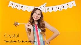  Presentation with magic wand - Presentation design enhanced with image-of-pleased-cute-woman background and a gold colored foreground