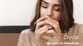  Presentation with tea coffee - PPT theme featuring image-of-pleased-cute-young background and a coral colored foreground