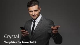 Presentation with man holding phone - Amazing PPT layouts having image of pleased man employer dressed in business costume holding mobile phone and pointing finger on copyspace isolated over gray background backdrop and a dark gray colored foreground
