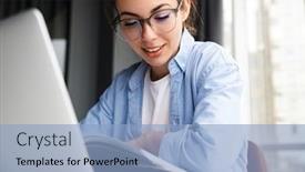  Presentation with reading table - Amazing presentation design having image-of-pleased-woman-reading backdrop and a light blue colored foreground