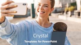  Presentation with sports - Amazing slide deck having image of pleased young sports woman outdoors on beach walking holding fitness rug take selfie by mobile phone backdrop and a teal colored foreground