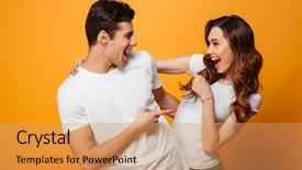  Presentation with finger - Beautiful theme featuring image of positive adult boy backdrop and a coral colored foreground