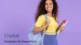  Presentation with african violet - Audience pleasing slide set consisting of image of positive african american student girl with curly hair holding exercise books isolated over violet background backdrop and a light blue colored foreground